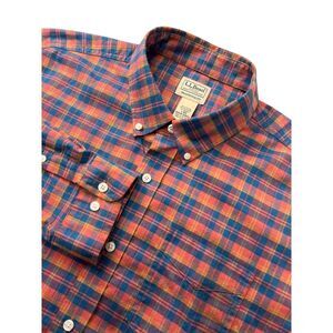 LL Bean Traditional Fit Flannel Shirt Mens L-Reg Orange Plaid 510030 Stretch
